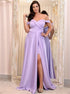 A Line Off the Shoulder Lavender Satin Long Prom Dress with Slit LBQ3432